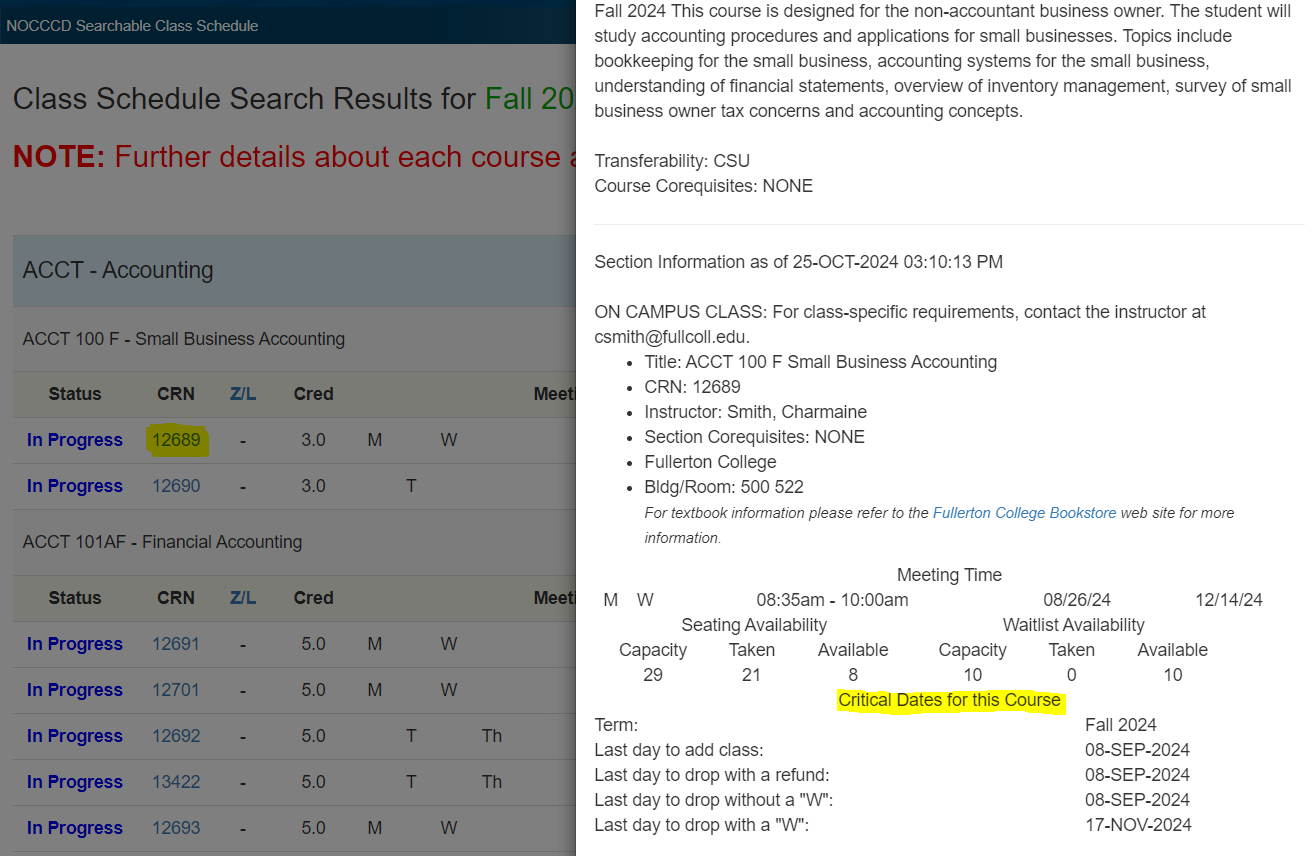 CRN Info and deadlines for a class