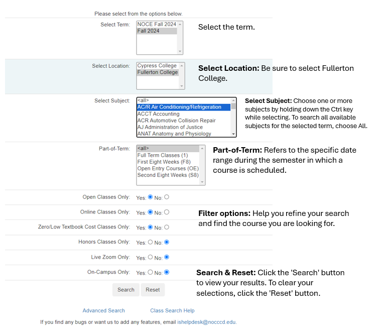 Class Search Configuration for Fullerton College