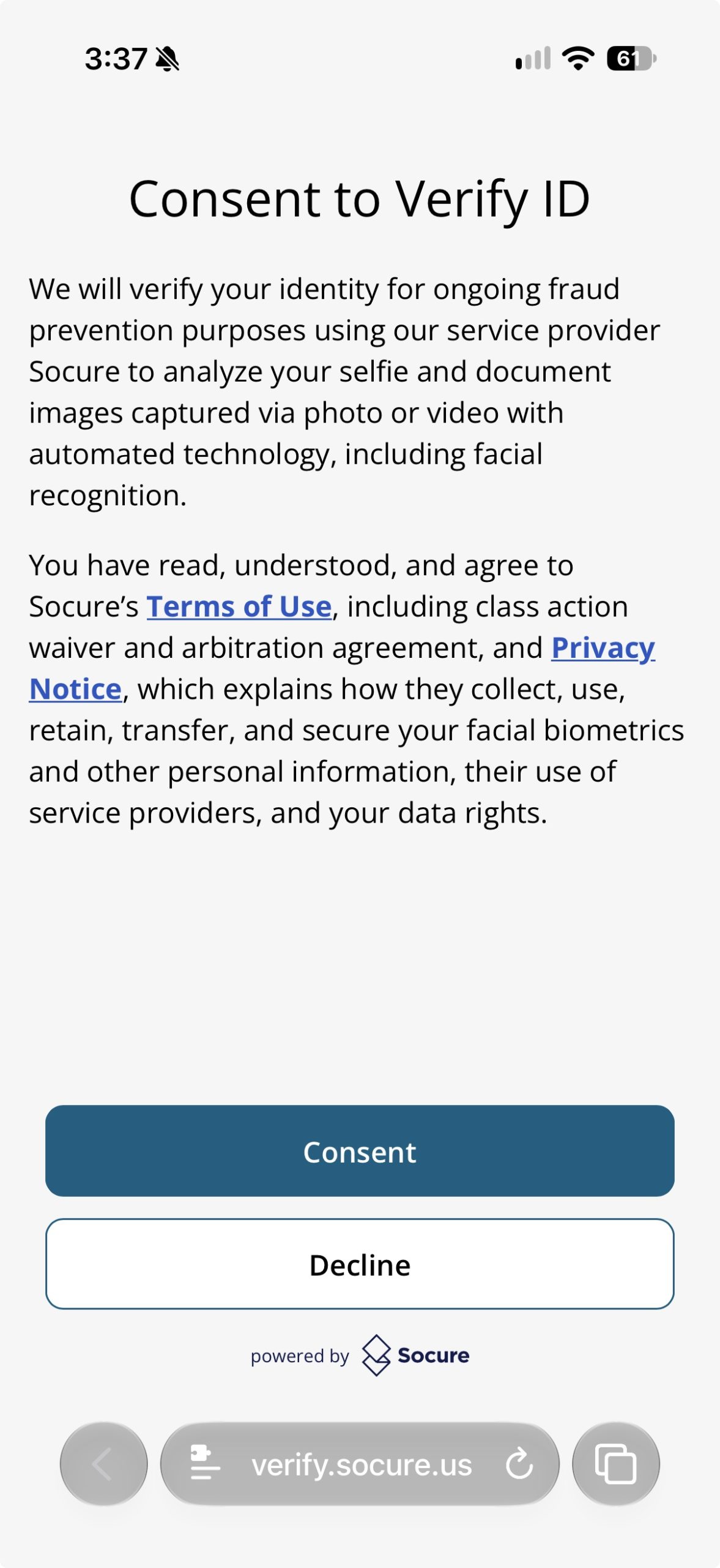 Socure verification start screen reading Let's get you verified with a Start Verification button