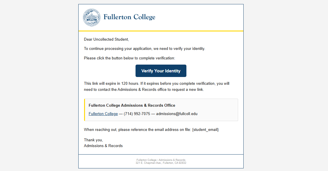 Fullerton College identity verification email showing the Verify Your Identity button and notice that the secure link expires in 120 hours